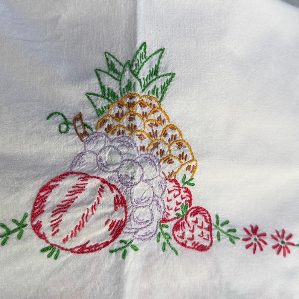 Vintage Hand-Embroidered Tablecloth with Crochet Lace Edge – Fruit & Floral